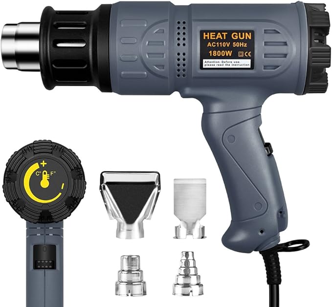SEEKONE Industrial Heat Gun 1800W 122℉-1202℉(50℃-650℃) Variable Temperature Control with 2 Temp-settings, Overheat Protection, 4 Nozzle Attachments for Shrinking PVC, Bending Pipe, Removing Paint