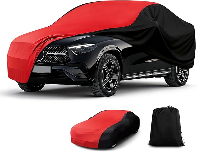 Indoor Car Cover, Stretch Satin Soft Dust Protection, Universal Fit for 189-205 Inch Sedans, Breathable Full Car Cover for Garage, Car Show, Windproof with Storage Bag, Red & Black