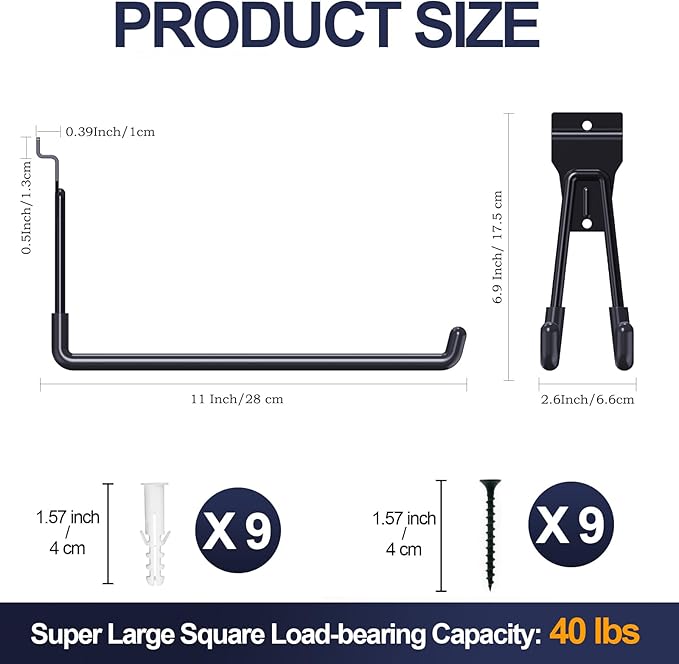 11 Inch Slatwall Hooks - 4 Pack Large Heavy Duty Garage Slatwall Accessories for Hanging, Black Slat Wall Hanger