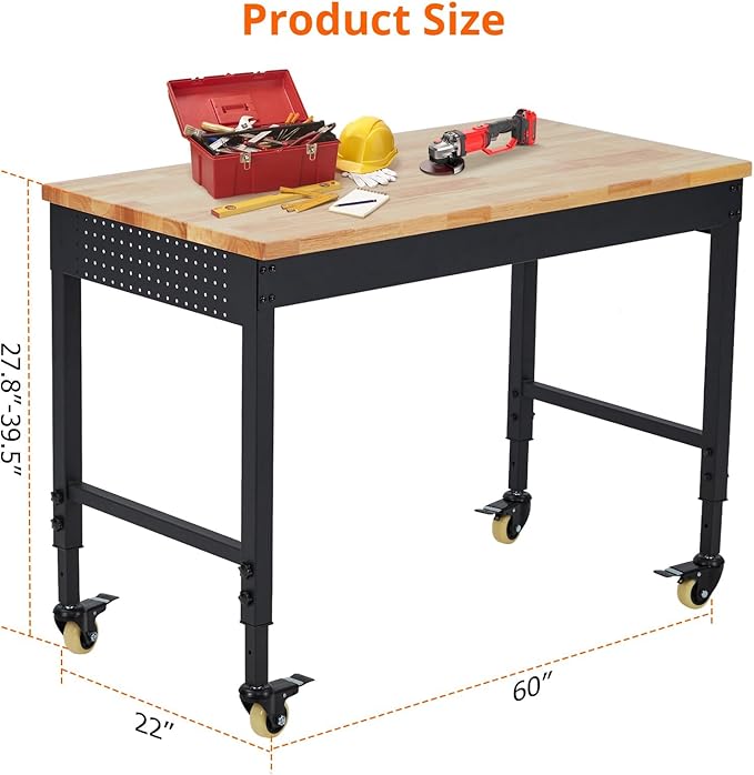 60" Workbench, Heavy Duty Adjustable Height Table with Power Outlets, Portable Garage & Workshop Work Bench, 2000 LBS Capacity, Office, Home Use, Easy Assembly, Multipurpose Utility Table