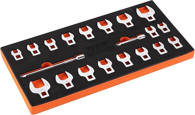 VEVOR Crowfoot Wrench Set, 3/8" Drive 20-Piece Crows Foot Wrench Set with 2 Extension Bars and EVA Tool Organizer,40CR Material with Mirror Chrome Finish, SAE 3/8"-7/8" and Metric 10-22 mm