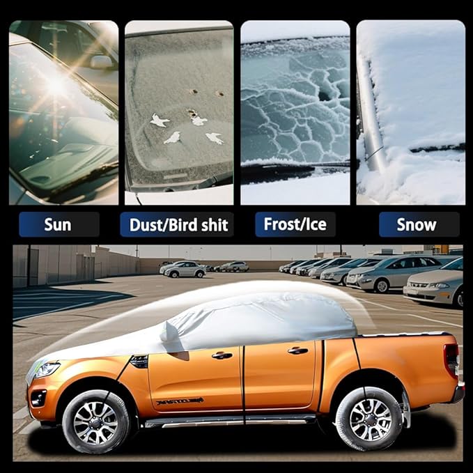 Half Car Cover Car Cover for Sunshade Half Car Body Cover Snow Cover Waterproof Universal Silver with Cotton(Small/Medium Size Pickup -Crew Cab)