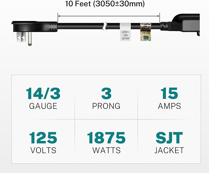 FIRMERST 1875W 10ft Flat Plug Extension Cord 14 AWG Black 15A