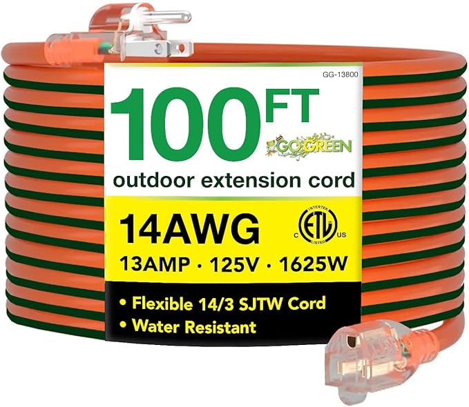 Go Green Power Inc. 14/3 100ft Lighted Outdoor Extension Cord - Durable, Heavy Duty - Perfect for Outdoor Tools & Equipment - GG-13800