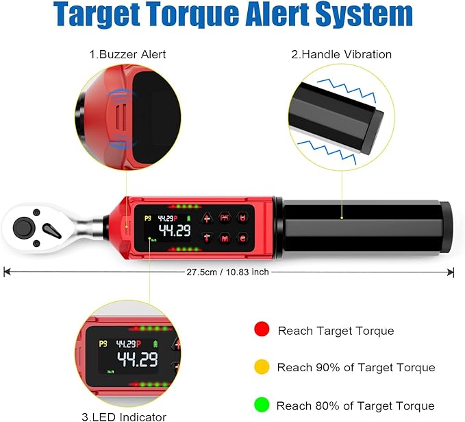 3/8-inch Drive Digital Torque Wrench, 0.66-44.3Ft.lbs/0.9-60Nm, Electronic Torque Wrench, Inch Pound Torque Wrench Set with ±1% Accuracy, Vibration, Buzzer and LED Notification for Bicycle