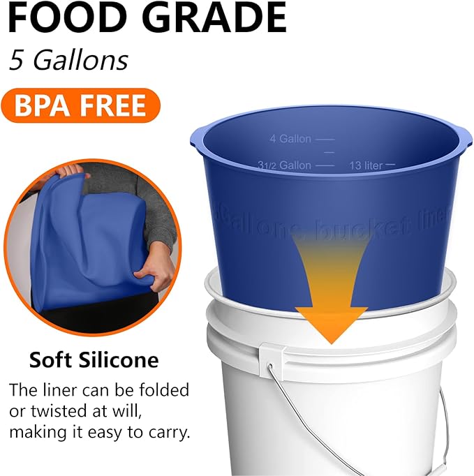 2PCS 5 Gallon Bucket Liner Reusable Rubber Bucket Liners for Concrete Mix and Thinset with Graduated Measurements (2PCS-Blue)