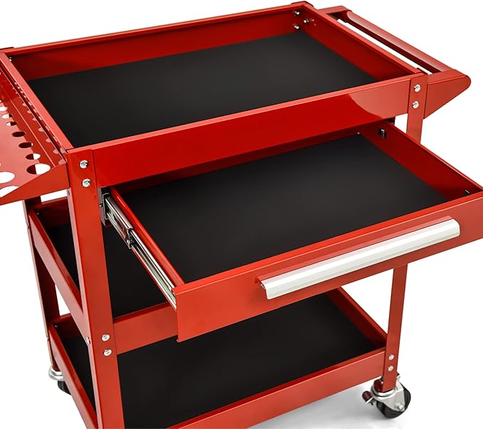 ERGOMASTER Metal Service Utility Cart with Wheels - 500LBS Tool Cart Heavy Duty Rolling 3-Tier Storage Organizer, for Garage Industrial Cart (Red)