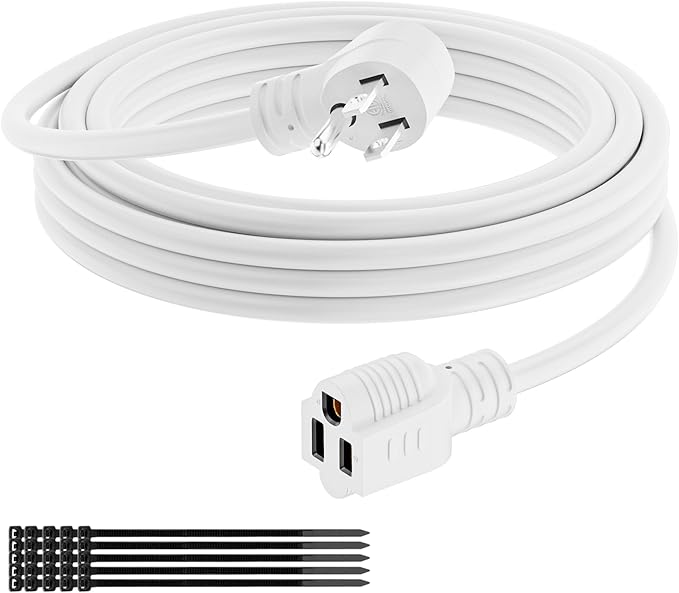 Extension Cord 6 FT, 3 Prong Extension Power Cord, 90 Degree Right Angle Plug Design, 16/3 Gauge Flexible Cold, 13A 1625W 16AWG, Save Space 3 Prong Electric Cord, ETL, White Cable with 25 Cable Ties