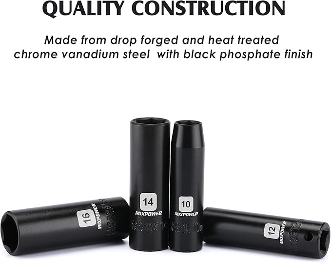 MIXPOWER 13 Pieces 3/8-Inch Drive Deep Impact Socket Set, 7mm to 19mm, CR-V, Metric, 6 Point, Deep, 13 Pieces 3/8" Dr. Socket