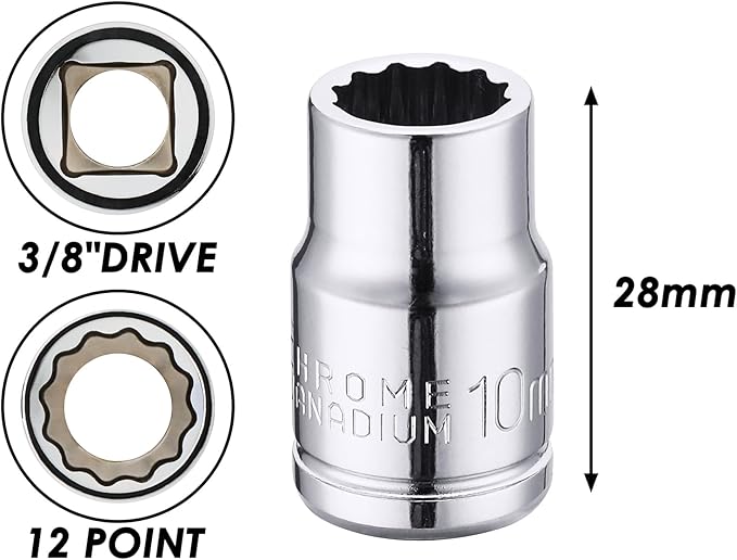 MIXPOWER 6PCS 3/8"Drive 10mm Deep&Shallow Socket, CR-V, Metric, Mirror Finish, 6 Point & 12 Point
