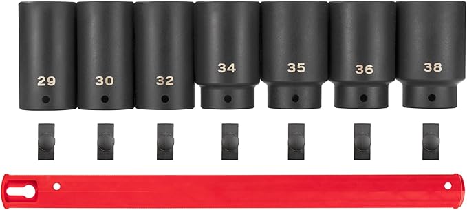 TEKTON 1/2 Inch Drive Deep 6-Point Axle Nut Impact Socket Set with Rail, 7-Piece (29-38 mm) | SID92101
