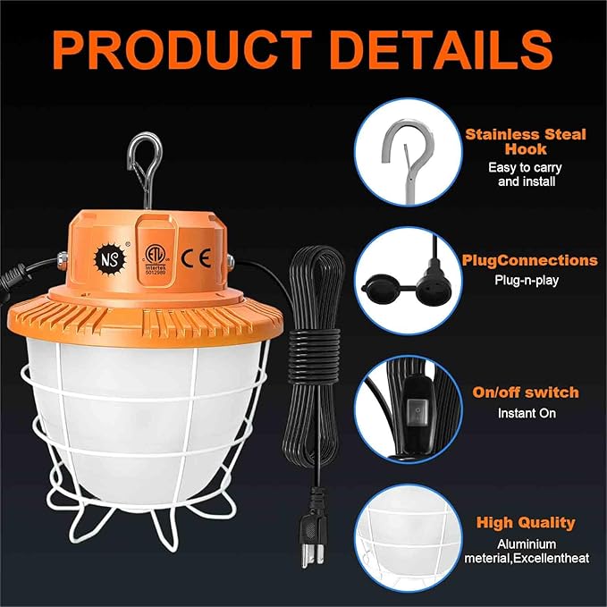150W Temporary Work Light 360° Area 37500LM 5000K Light for Jobsite, IP65 Hanging Work Light with Hook, 3300 sq.ft Coverage Portable Construction Light for Garage Warehouse Workshop