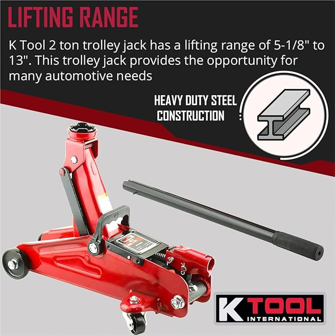 K Tool International 63103A Hydraulic Service Jack, 5-1/8 to 13 Inch Lift Range, Heavy Duty Steel, Swivel Casters, Overload Protection, Smooth Positioning for Shop and Garage Use