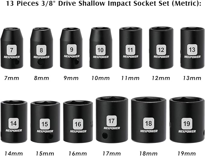 MIXPOWER 13 Pieces 3/8-Inch Drive Shallow Impact Socket Set, 7mm to 19mm, CR-V, Metric, 6 Point, Shallow, 13 Pieces 3/8" Dr. Socket