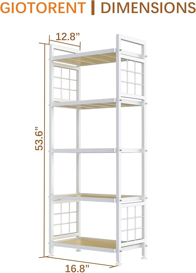 GIOTORENT 5-Tier Pantry Shelves with Wooden Boards, Heavy Duty Storage Shelves & Book Shelf, Adjustable Metal Shelving Unit for Kitchen Bathroom Laundry Organizer, Sturdy Rust-Resistant, White