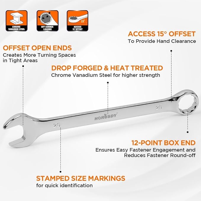 HORUSDY 15-Piece Metric Wrench Sets, Premium Combination Wrench Set Metric 8-22mm, Max Torque, 12-Point, Chrome Vanadium Steel, with Storage Rack