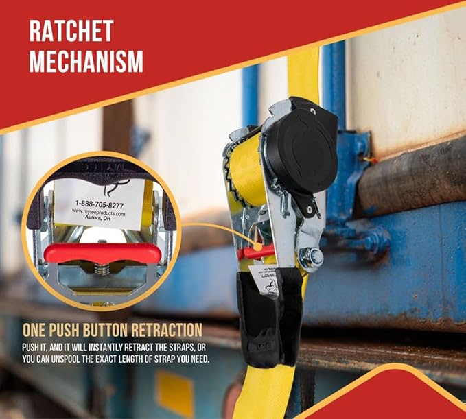 Mytee Products 8 Pack 2" x 10' Retractable Ratchet Straps with Double J-Hook - 3,300 lbs Breaking Strength - Yellow Auto Retract Ratchet Tie Down Strap for Motorcycles, ATVs, Bikes, Boat Trailer