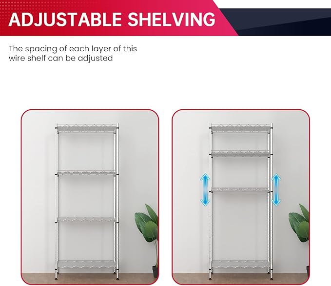 BestOffice 4-Shelf Adjustable Storage Shelving Unit Metal Rack Wire Shelf 600Lbs Capacity with 4 PP Sheets 18L x 12W x 44H for Laundry Bathroom Kitchen Garage,Chrome