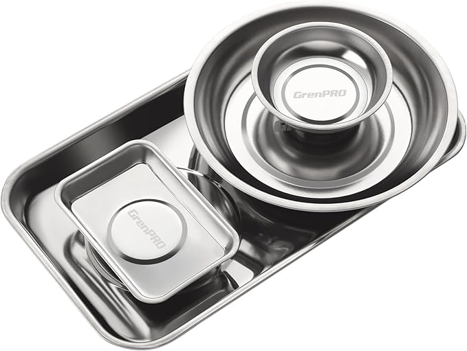 Magnetic Tray 4-Pack | Stainless Steel Magnetic Parts Trays | 3 Inch, 6 Inch, Square & Shallow Tray Set