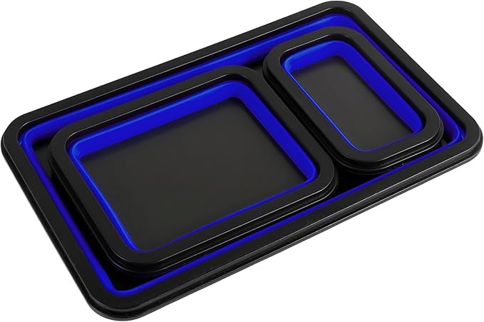 Collapsible Magnetic Parts Tray Set of 3 Different Size, Foldable Silicone Tool Trays for Screws, Bolts, Nuts and Other Small Metal Parts (Blue)