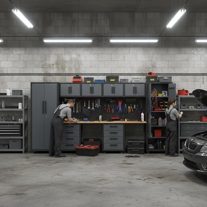 Garage Storage Cabinet System, 14PCS Workshop Set Garage Cabinets and Storage System with Steel Cabinet Drawers, Workbench, Pegboard for Tool Organization