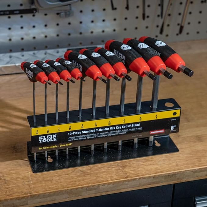 KLEIN TOOLS JTH610E T-Handle Hex Key Set, SAE Inch Sizes Allen Wrench Set with 6-Inch Blades, Stand Included, 10-Piece