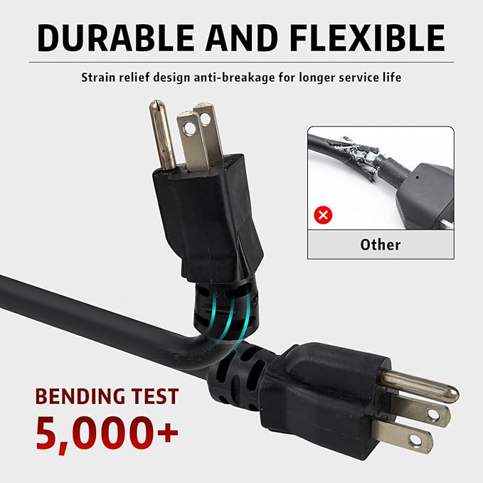 Indoor Outdoor Extension Cord, 12 Gauge 3 Prong Weatherproof Heavy Duty Black Extension Cords，12/3 SJTW 15A 50 FT Extension Cable for Garage, Garden and Home, UL Listed