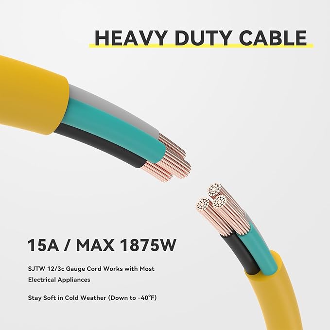 50 ft Outdoor Indoor Extension Cord - 12/3 SJTW 15 AMP Heavy Duty Yellow Extension Cable with 3 Prong Grounded Plug - Power Cord for Lawn, Garden, Appliances