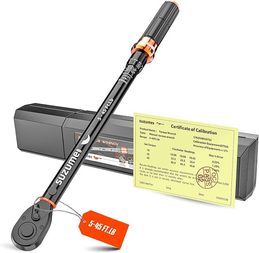 SUZUME Torque Wrench 3/8 Drive (5-45 Ft. Lb/ 6.8-61 N.m) 72 Tooth Reversible Head Torque Wrench ±3% High Accuracy Dual-Scales Torque Wrenches for Car Bike Moto