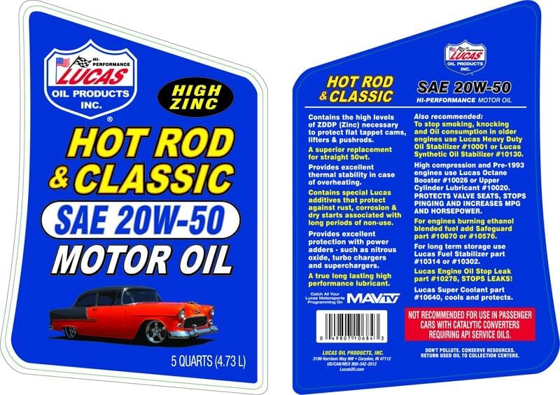 Lucas Oil 10684 Hot Rod & Classic Car SAE 20W-50 Motor Oil - 5 Quart (Pack of 3)
