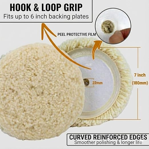 Woolous Wool Buffing Pads 7 Inch, 3 Pack - 100% Natural Wool Pads for Buffing, Polishing & Compounding Cars, Boats, Trucks, RVs, Motorcycles & Metal Surfaces - Hook & Loop for Quick Attachment