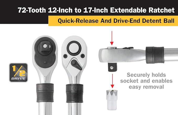 Titan 12074 1/2-Inch Drive x 12 to 17-Inch 72-Tooth Extendable Ratchet