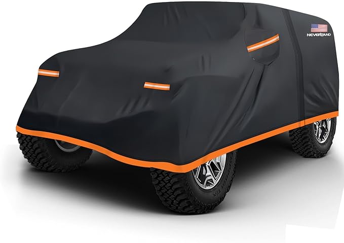 NEVERLAND Car Cover for Jeep Wrangler 2 Door Waterproof Car Covers, All Weather Protection Jeep Sun Rain Protection for Wrangler 2 Fits JK JL 2007-2025 Outdoor Covers (Black+Orange)