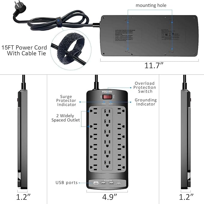 18 Outlets Surge Protector Power Strip - 15 Feet Flat Plug Heavy Duty Extension Cord with 18 Widely Outlets and 4 USB Ports, 2100 Joules, Black, ETL Listed