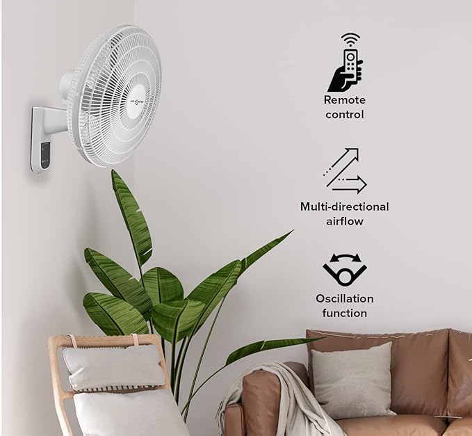 Air Monster 16 Inch Wall Mount Fan with Remote Control, Wall Mount Garage Fan, Oscillating, Plastic Grill, 70 Degree, 3 Speed, Timer, Adjustable Tilt, Fused Plug, ETL, White Color, Ventilador de Pared