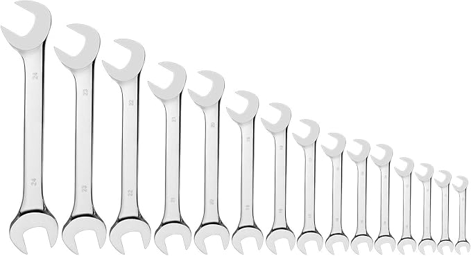 15-Piece Premium Angle Head Open End Wrench Set, Chrome Vanadium Steel, Mirror Chrome Finish | Include Metric Sizes 10, 11, 12, 13, 14, 15, 16, 17, 18, 19, 20, 21, 22, 23, 24mm with Storage Rack