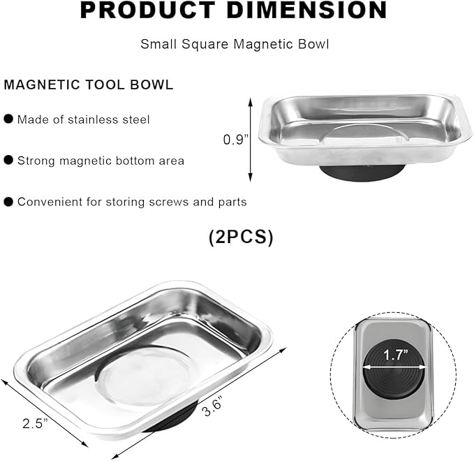 2 PCS Magnetic Tray Holders, 2.5"×3.6" Stainless Steel Square Magnetic Parts Tray Set, Heavy Duty Thickened Tray Bowl for Screws Bolts Nuts Metal Parts, Magnetic Tray for Mechanic's