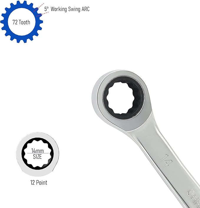 Double Box End Ratcheting Wrench 14mm x 17mm Metric 72 Teeth 12 Point Ratchet Gear Spanner Tools, Heat-Treated CR-V
