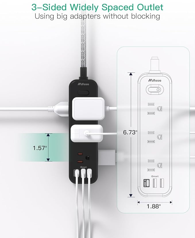 Mifaso Extension Cord, Surge Protector Power Strip, Long Power Strip with 9 Outlets 3 USB Ports, Extension Cord with Multiple Outlets, USB Power Strip for Dorm Room Essentials, College (25FT,Black)