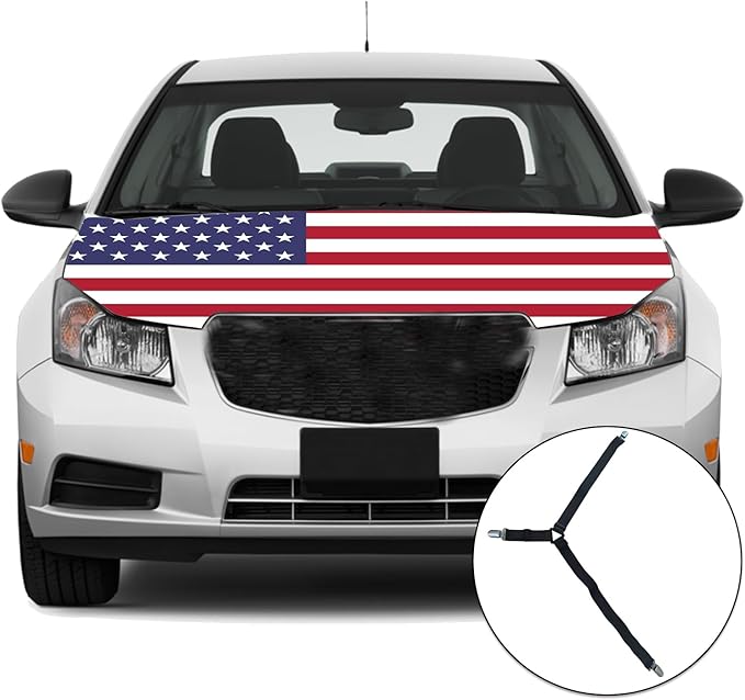 American Hood Flag Cover - 59x51 in Car Hood Cover American Flag for Car Decor, Patriotic Car American Flag with 2 Pack Adjustable Triangular Fasteners