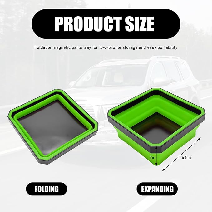 Collapsible Magnetic Parts Tray, 4.5" Square Silicone Tool Tray with Double-Sided Magnetic Base, Foldable Bowls Small Metal Parts Holder for Screws Bolts Nuts Washers (Green)