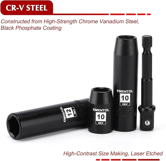 EMENTOL 3/8" Drive Impact Socket Set, 27PCS, Metric(7mm to 19mm), Deep and Shallow, 6 Point, Includes Drill Bit Adapter