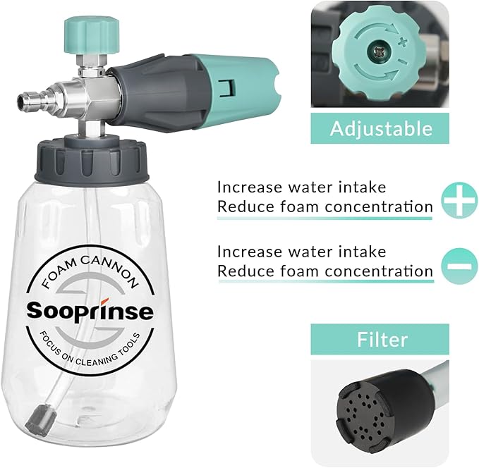 Sooprinse Short Pressure Washer Gun with Foam Cannon, High Pressure Washer Gun Snow Foam Lance with 1/4 Inch Quick Connector, 5 Nozzle Tips with Car Wash Mitt, 3000 PSI, 1 Liter