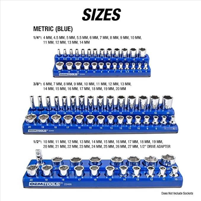 OEMTOOLS 22461 6 Pack Set Metric and SAE Magnetic Socket Tray Set, Green and Blue Socket Organizers, 1/4, 3/8, 1/2 Inch Drive Socket Organizer Tray Set