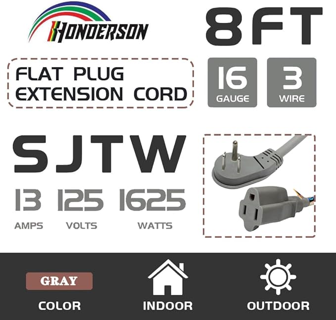 Flat Plug Indoor Extension Cord, UL Certified, 16 Gauge 8FT Grey 3 Prong Heavy Duty, 16/3 SJTW 13A Power Cord for Lights, Appliances, Home