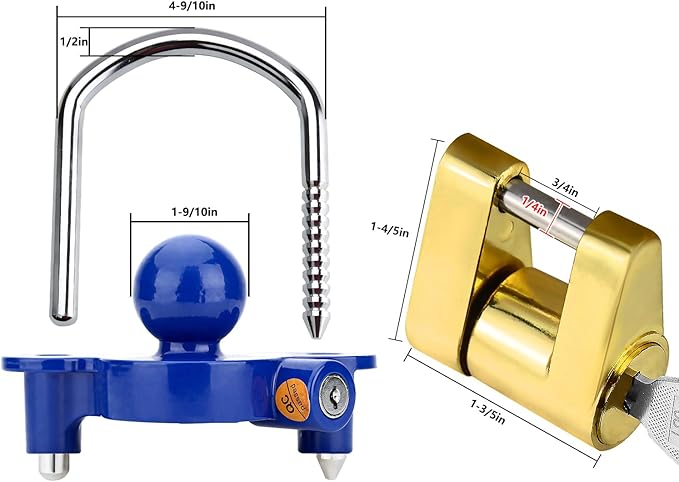 Funmit Trailer Hitch Lock Set with 2 Keys, Including Blue Universal Trailer Lock, 2 Bent Trailer Hitch Locks (1/2"Dia and 5/8"Dia) , 1 Trailer Hitch Lock (5/8"Dia), Gold Coupler Pin Lock - Only 2 keys