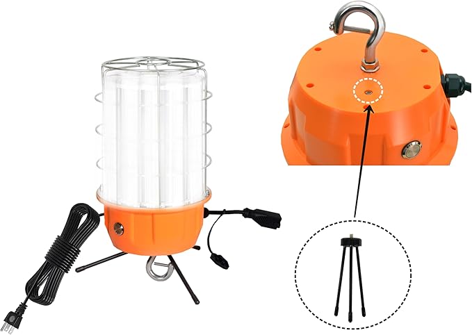 100W LED Temporary Work Light,5000K 13000Lm Portable Work Lights with Stainless Steel Guard & Hook for Mine Wharf Job Site Lighting,IP65 Dust Waterproof,Plug-n-Play