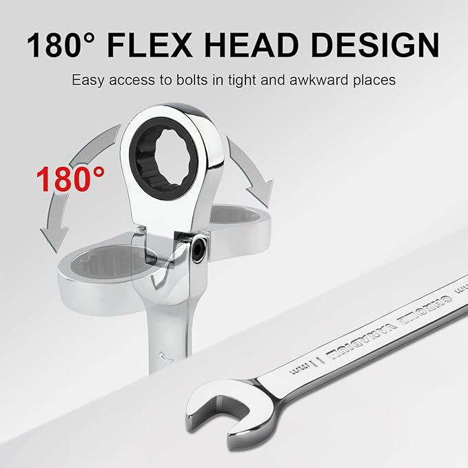 Jetech 11mm Flex-Head Ratcheting Combination Wrench, Premium Industrial Grade Spanner 72-Tooth Cr-V Steel - 180 Degree Flexible Box End Perfect for Tight Spaces, Auto & DIY Repair