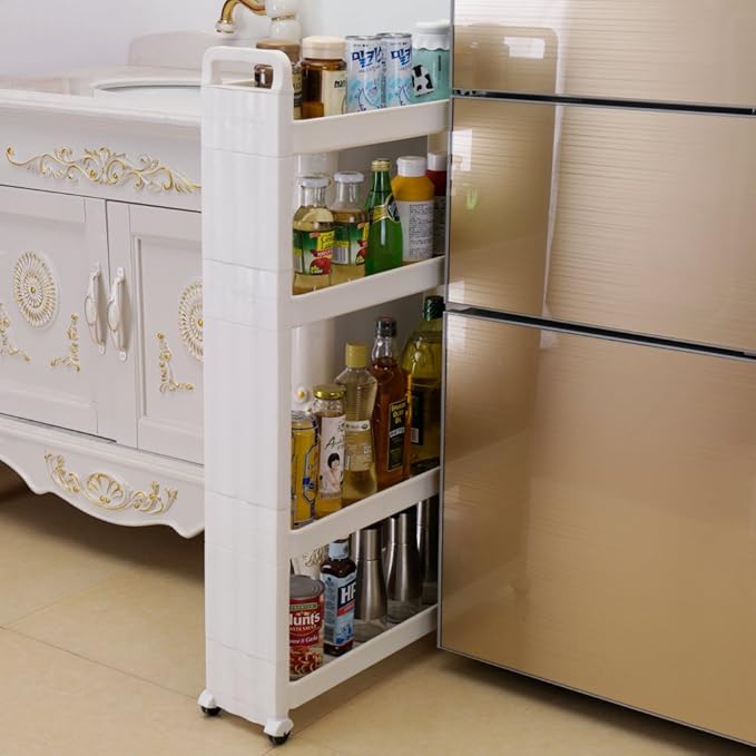 BAOYOUNI Slim Storage Cart Between Washer Dryer Cabinet Rolling Shelf Slide Out Tower Narrow Space Organizer Rack with Wheels for Laundry, Bathroom, Kitchen & Living Room (4-Tier)