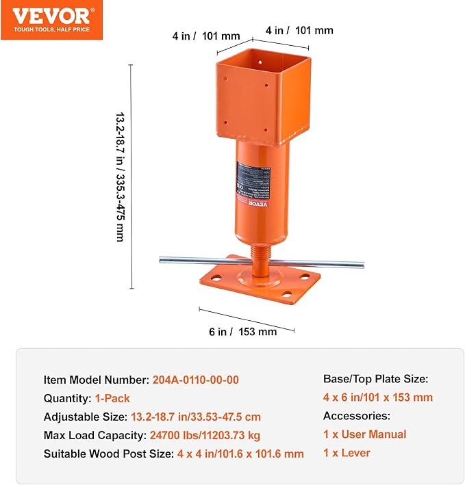 VEVOR Screw Jack Post, 13.2"-18.7" Height Range, 4" x 4" Adjustable Shore Jack, 24700 lbs Max Load Capacity, Temporary House Jack Pole for Leveling, Lifting Floor Crawlspace Basement Shore Beam